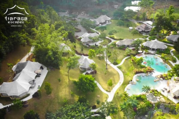 Tiarasa Escapes Glamping Resort aerial view safari tents pool Janda Baik Pahang